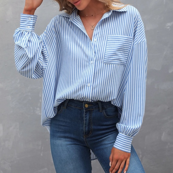 Classic Oversized Striped Button Down Boyfriend Shirt - Picture 3 of 8